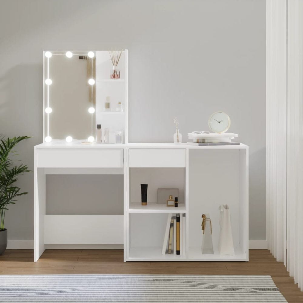 Vidaxl Toaletný stolík s LED a skrinkou biely spracované drevo